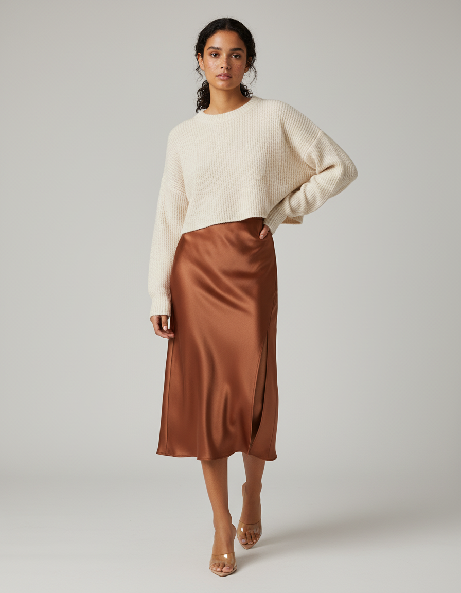 Jupe Satin Marron Fendue Fluide