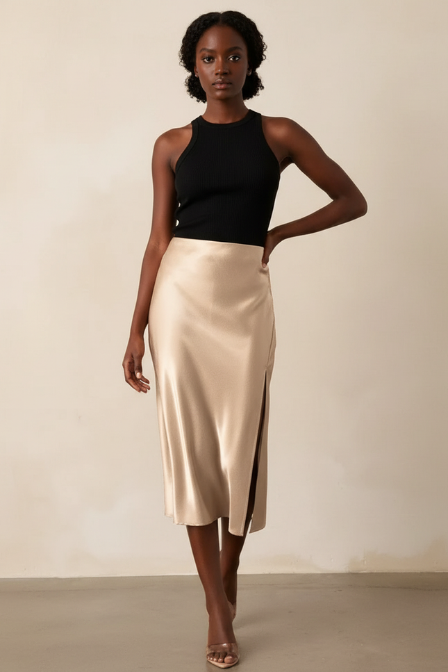 Jupe Satin Beige Fendue Chic