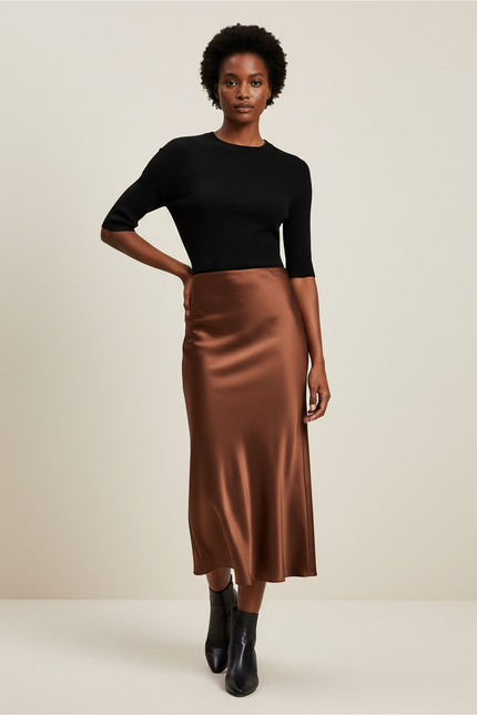 Jupe Satin Marron Longue Élégante Tendance