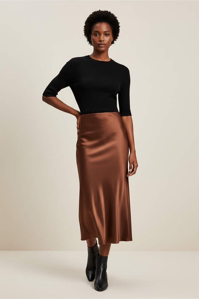 Jupe Satin Marron Longue Élégante Tendance