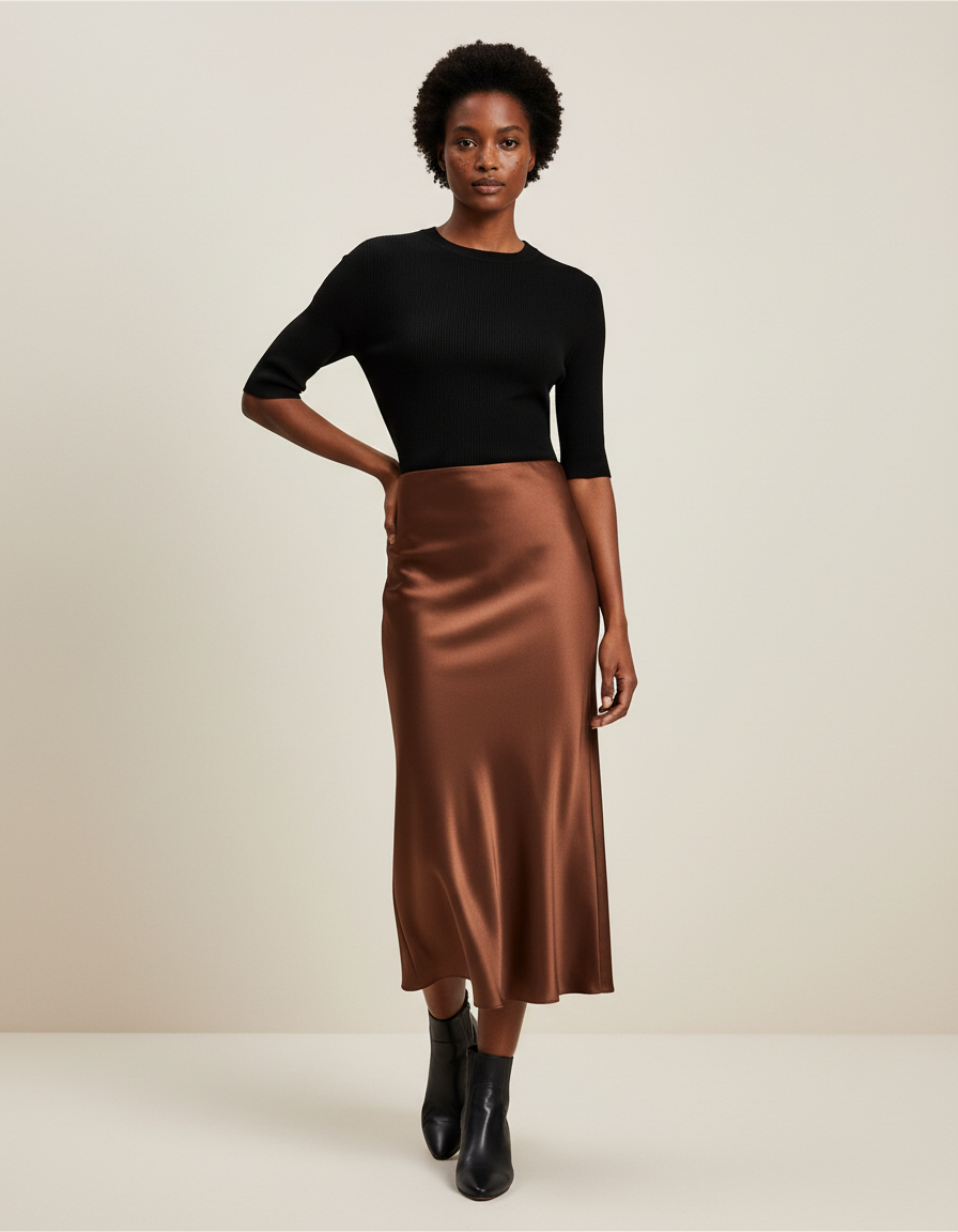 Jupe Satin Marron Longue Élégante Tendance