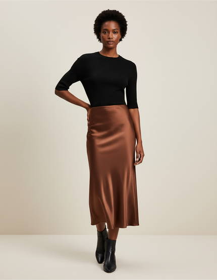 Jupe Satin Marron Longue Élégante Tendance