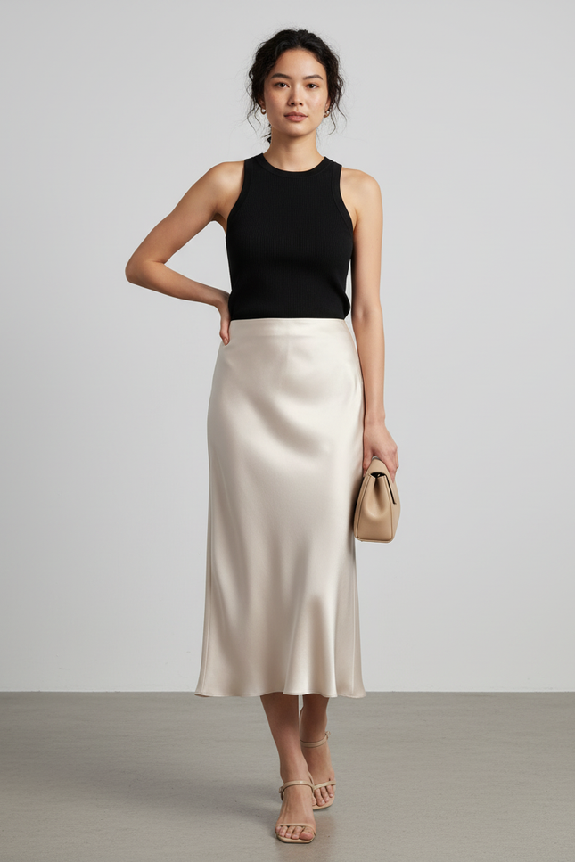 Jupe Satin Beige Longue Élégante