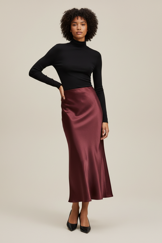 Jupe Satin Bordeaux Fluide Élégante Sophistiquée