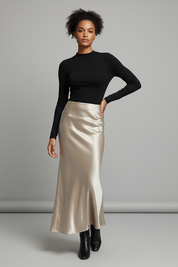 Champagne satin skirt paired with black turtleneck