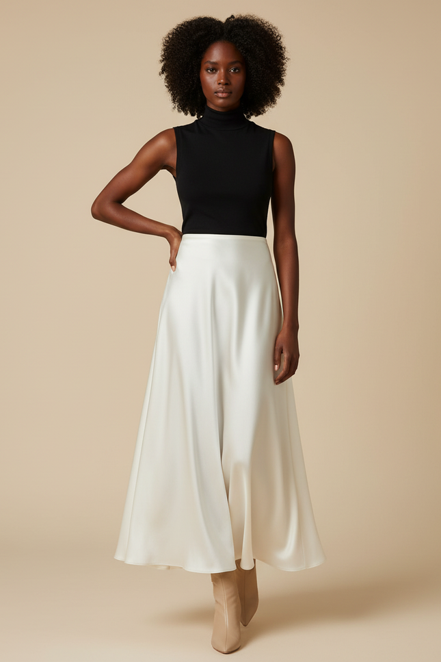 Jupe Satin Blanche Évasée Fluide
