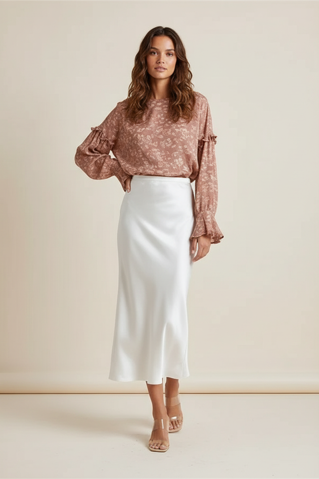 Jupe Satin Blanche Midi Fluide