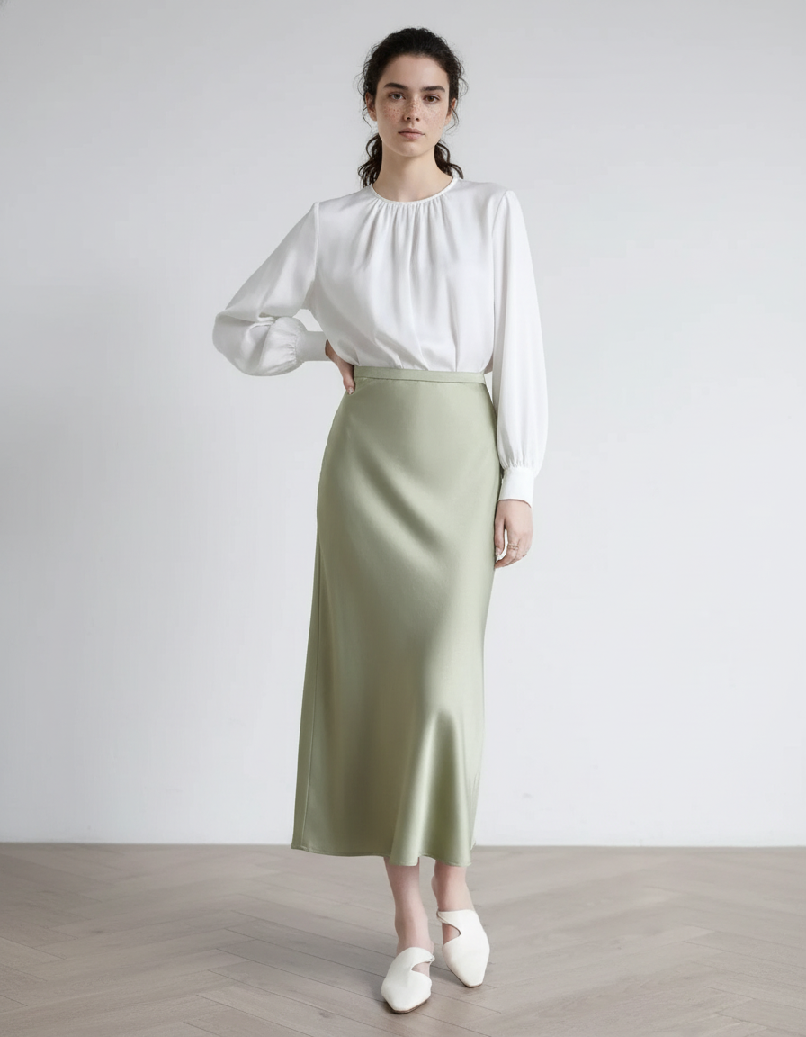 Jupe Satin Vert Sauge Midi Fluide
