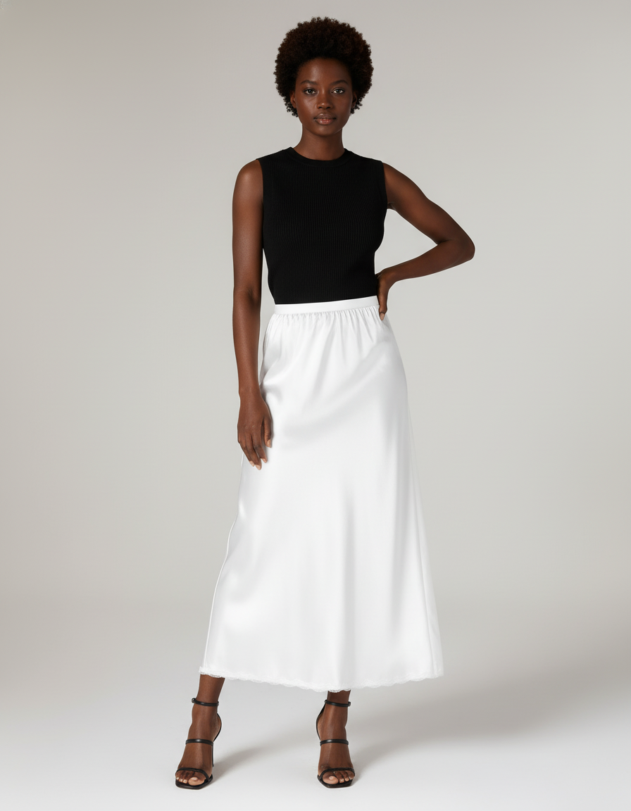 Jupe Satin Blanche Midi Fluide Légère