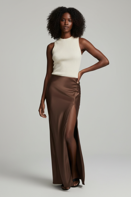 Jupe Satin Marron Fendue Élégante