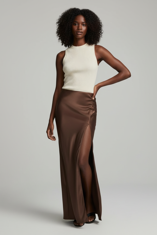 Jupe Satin Marron Fendue Élégante