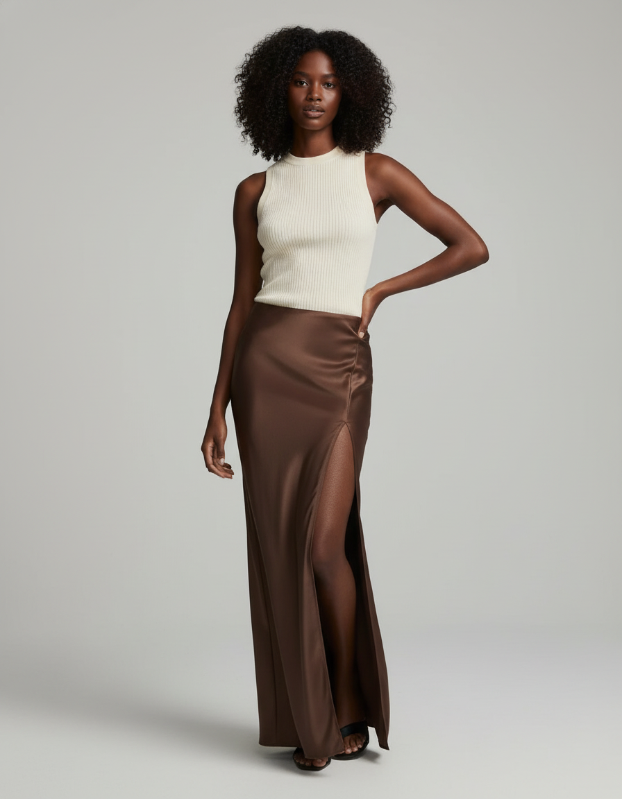 Jupe Satin Marron Fendue Élégante