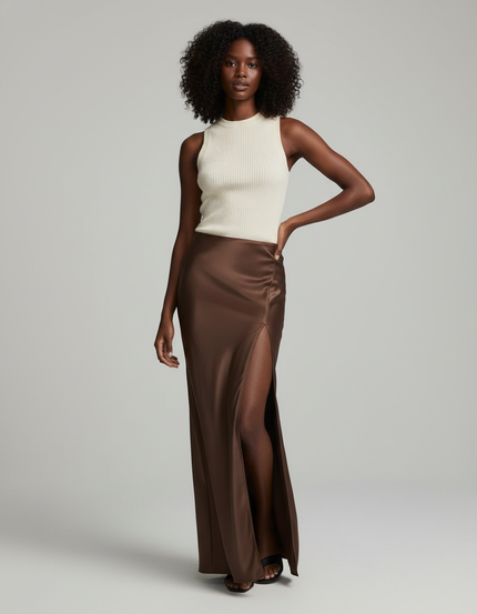 Jupe Satin Marron Fendue Élégante