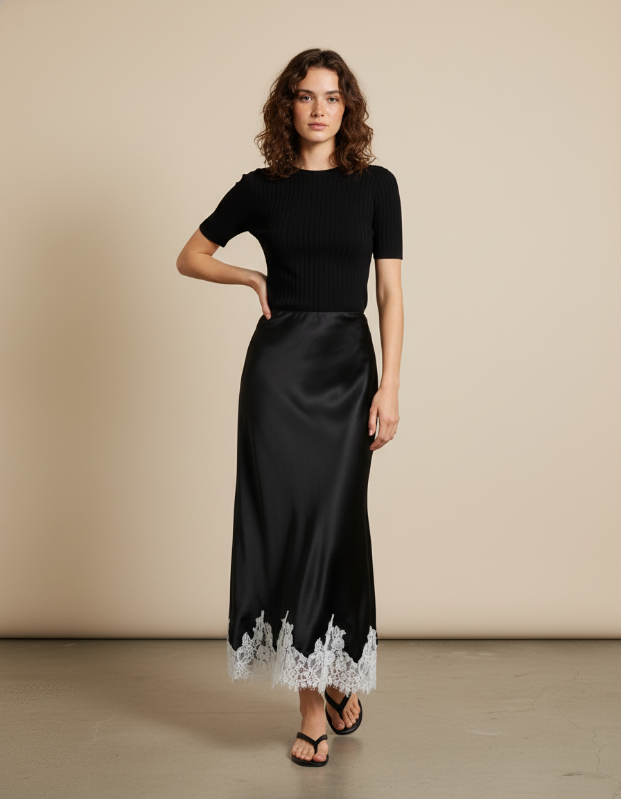 Jupe Satin Noire Dentelle Élégante Raffinée