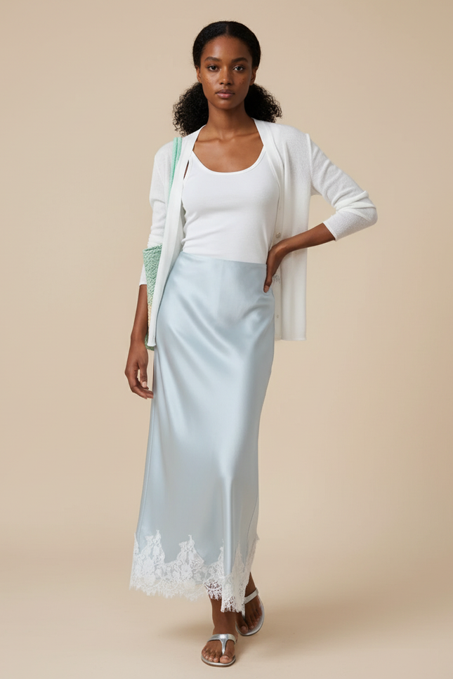 Jupe Satin Élégante Bleu Clair Dentelle