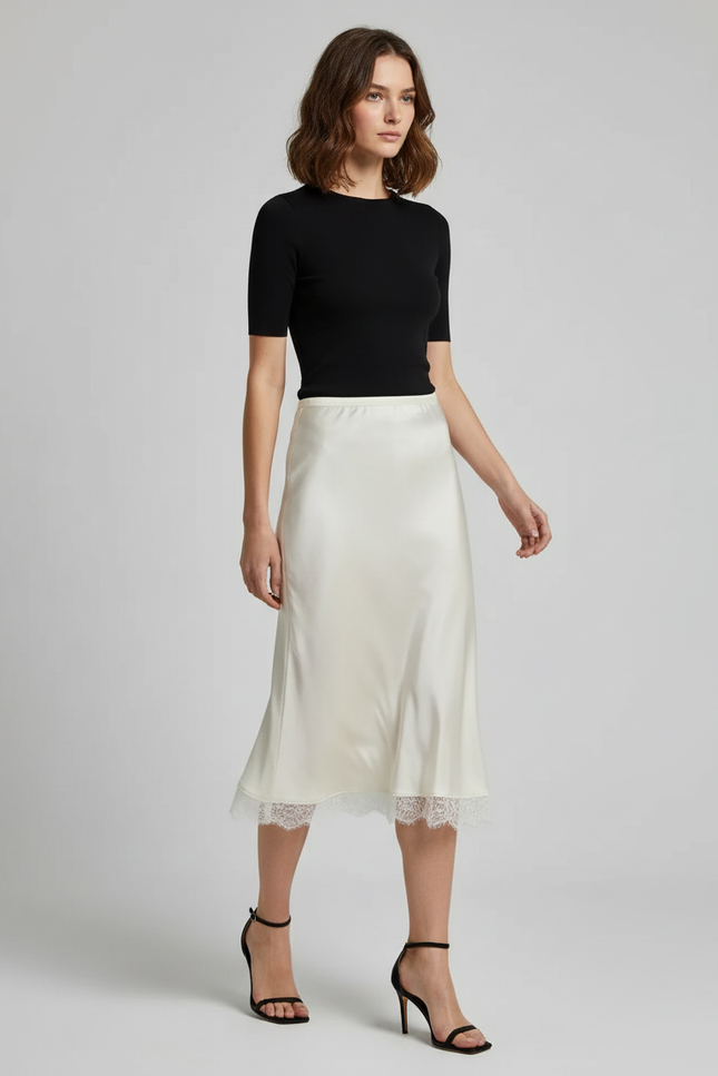 Jupe Satin Élégante Ivoire Dentelle