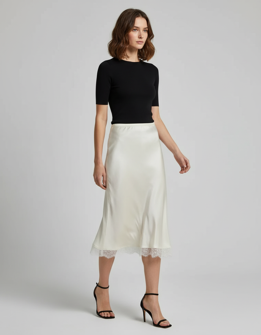 Jupe Satin Élégante Ivoire Dentelle