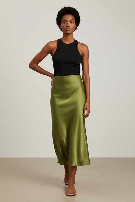 Jupe Satin Verte Fluide Élégante Fraîche