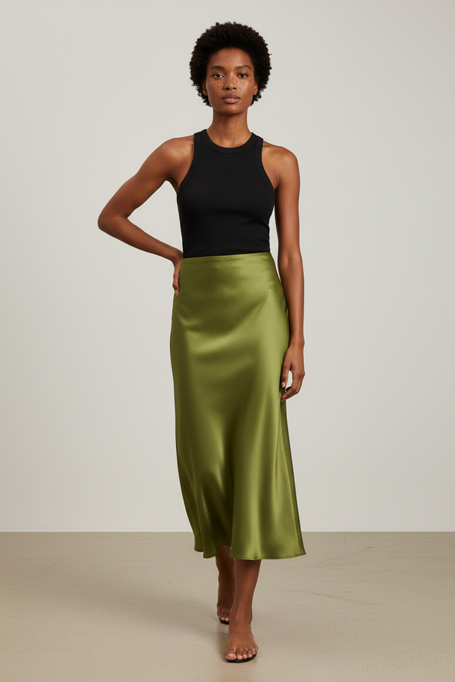 Jupe Satin Verte Fluide Élégante Fraîche