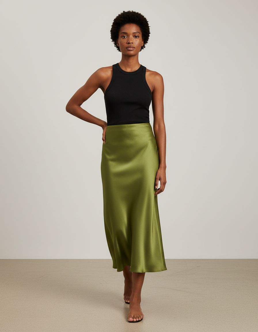 Jupe Satin Verte Fluide Élégante Fraîche