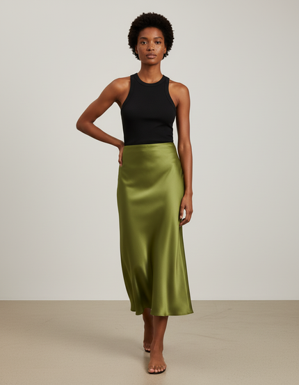 Jupe Satin Verte Fluide Élégante Fraîche