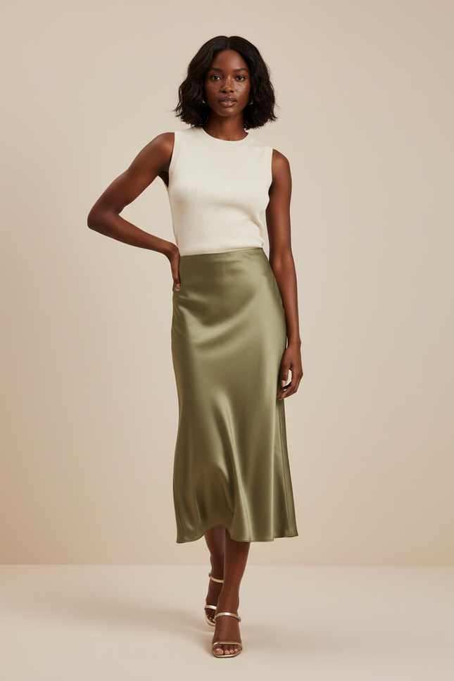 Jupe Satin Fluide Verte Élégante Moderne