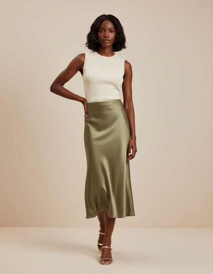Jupe Satin Fluide Verte Élégante Moderne