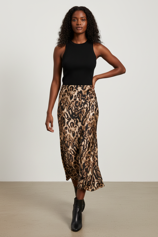 Jupe Satin Léopard Midi Fluide