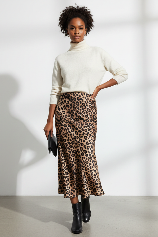 Jupe Satin Léopard Fluide Élégante