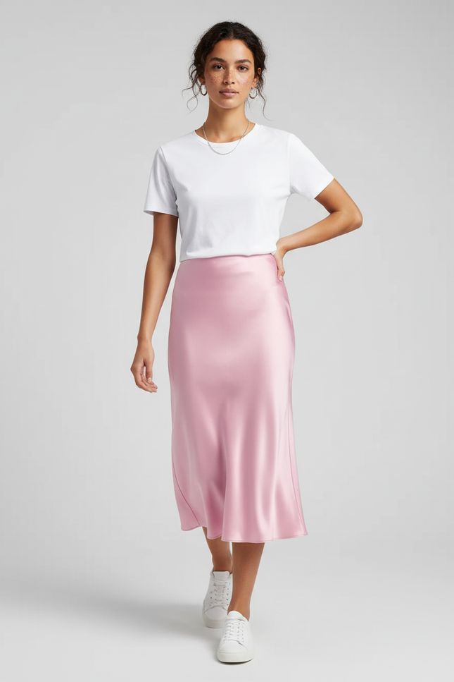 Jupe Satin Rose Fluide Élégante Féminine