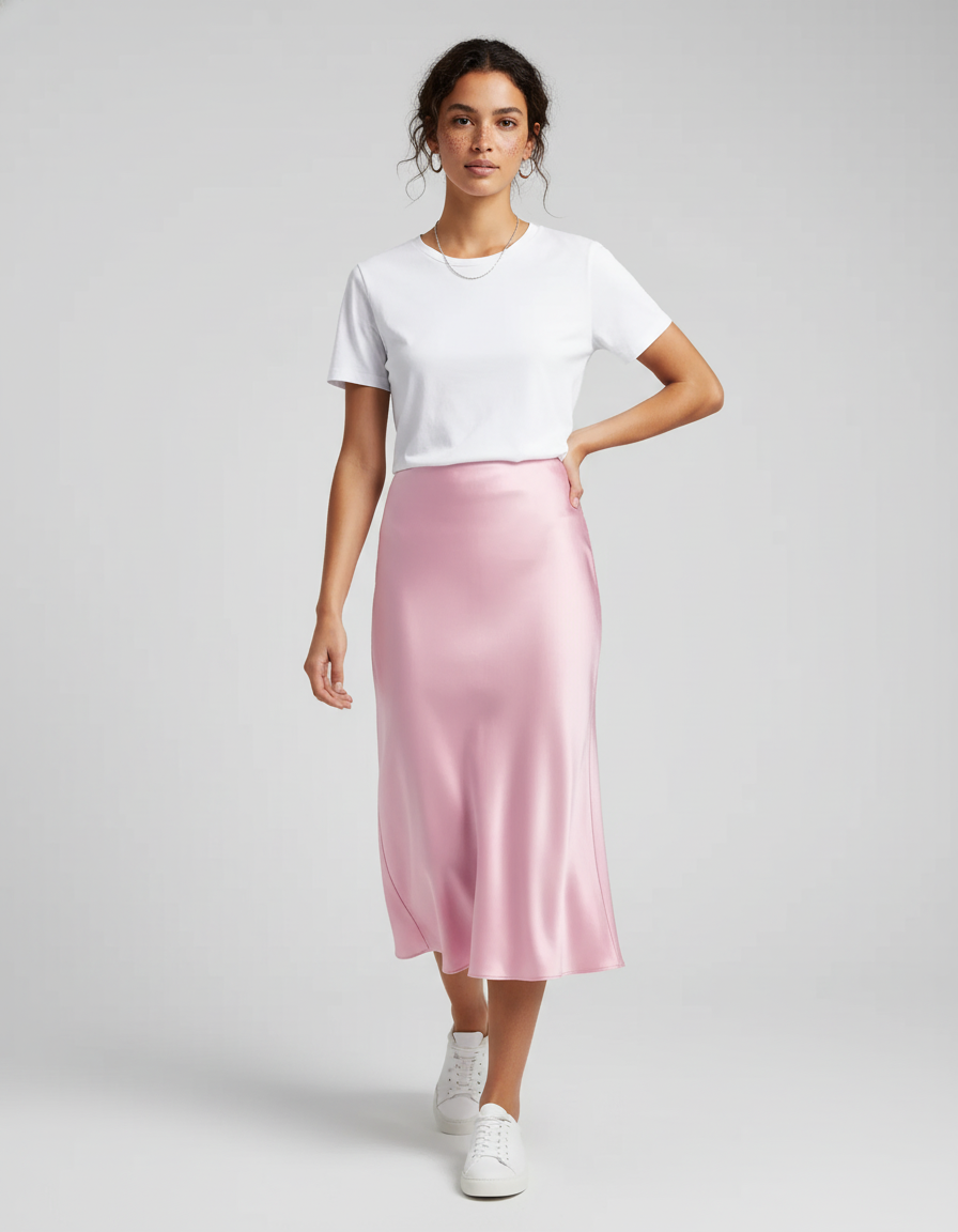 Jupe Satin Rose Fluide Élégante Féminine