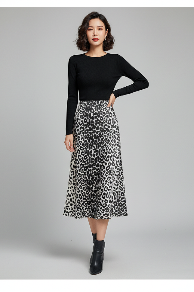 Jupe Satin Imprimé Léopard Élégante Tendance