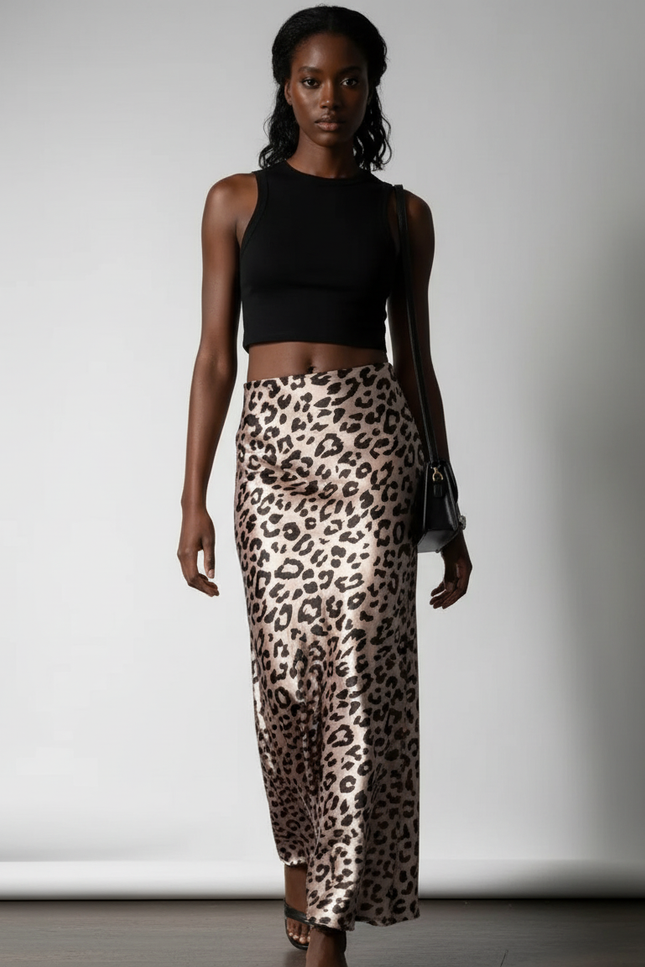 Jupe Satin Imprimé Léopard Maxi Élégante