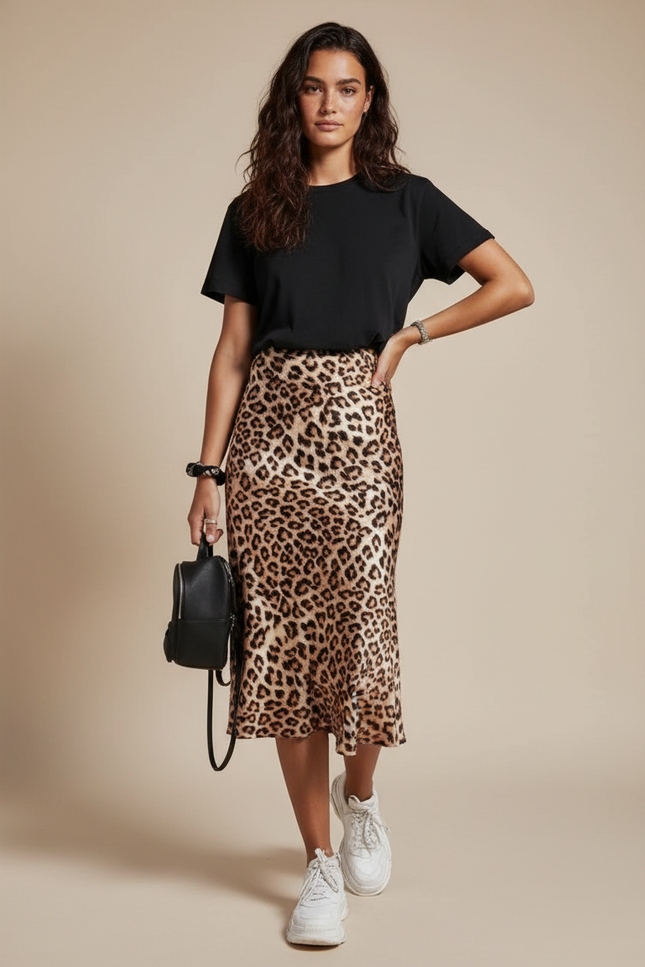 Jupe Satin Léopard Midi Fluide Chic
