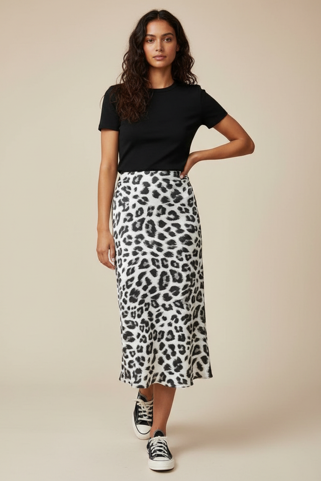 Jupe Satin Léopard Midi Fluide Légère