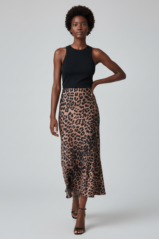 Jupe Satin Léopard Midi Élégante