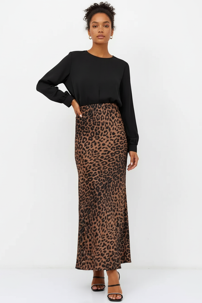 Jupe Satin Léopard Longue Fluide
