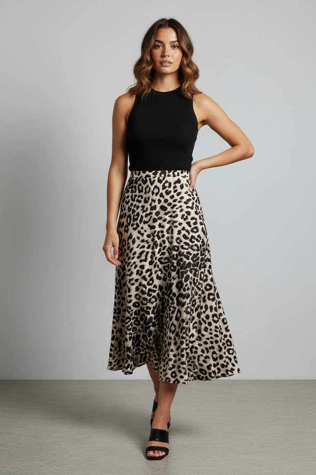 Jupe Léopard Plissée En Satin Taille Élastique