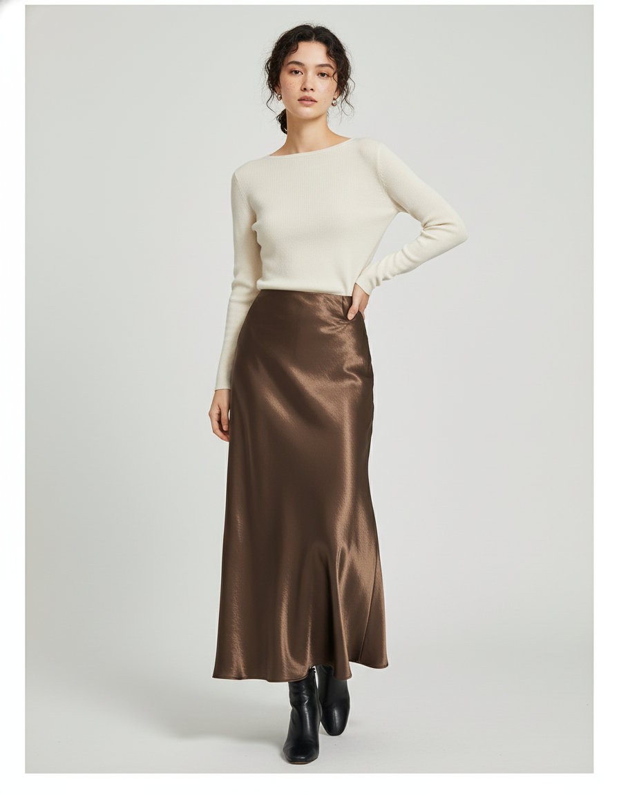 Jupe Longue Satin Chocolat