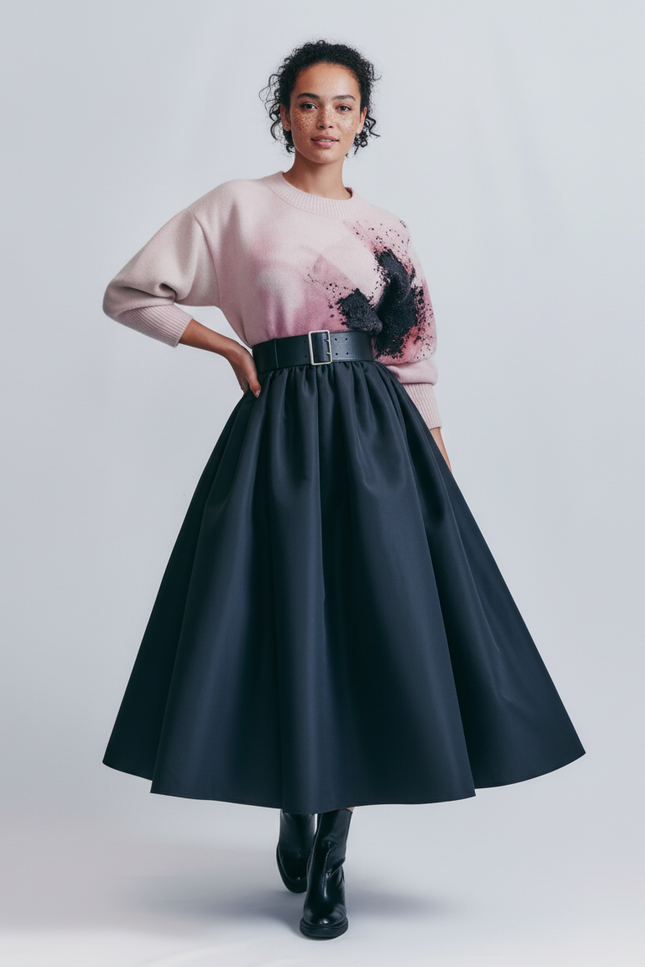 Jupe Satin Marine Évasée Élégante