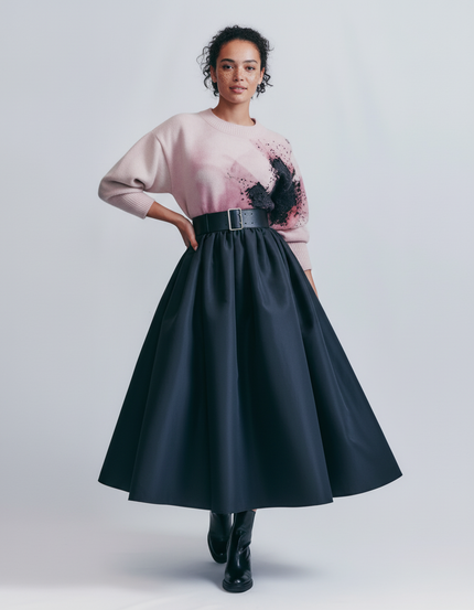 Jupe Satin Marine Évasée Élégante