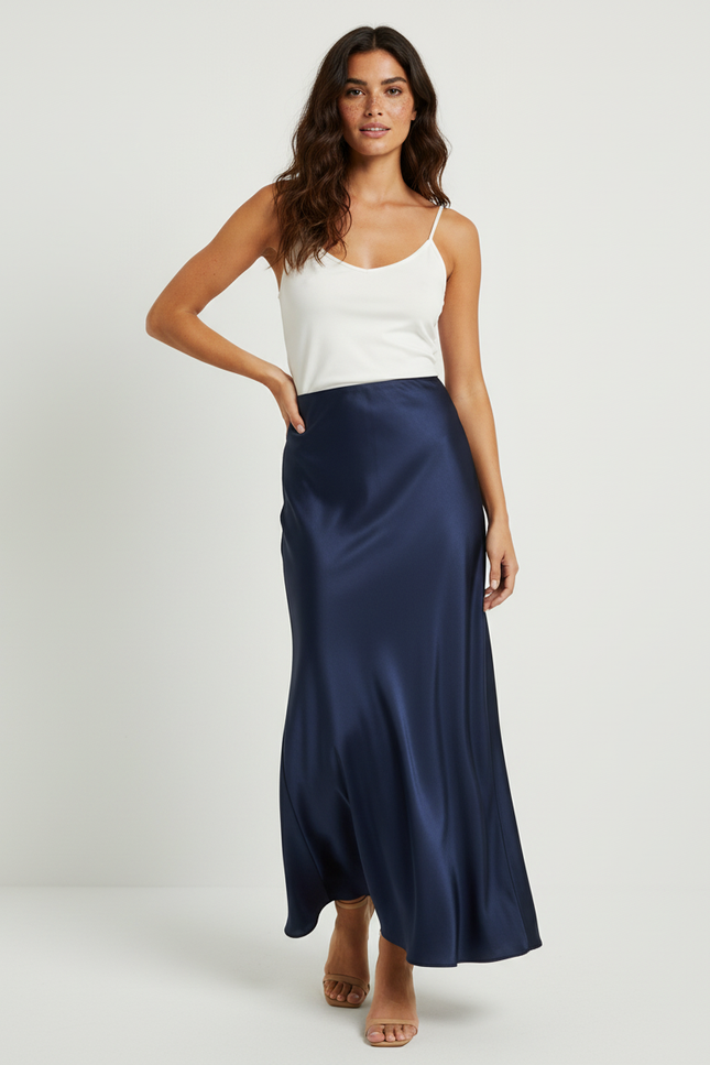 Jupe Satin Bleu Marine Fluide Élégante