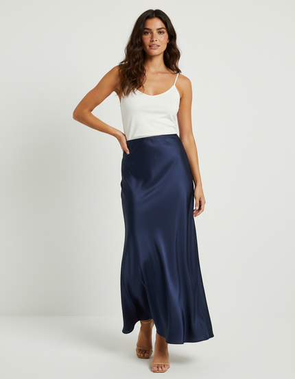 Jupe Satin Bleu Marine Fluide Élégante