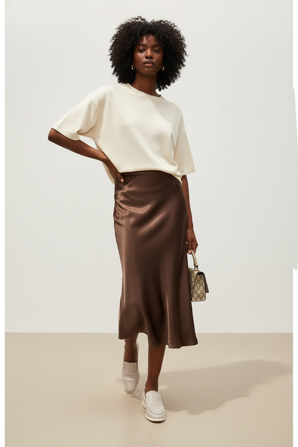 Jupe Satin Marron Fluide Élégante Quotidienne