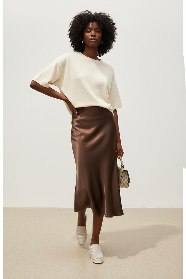 Jupe Satin Marron Fluide Élégante Quotidienne