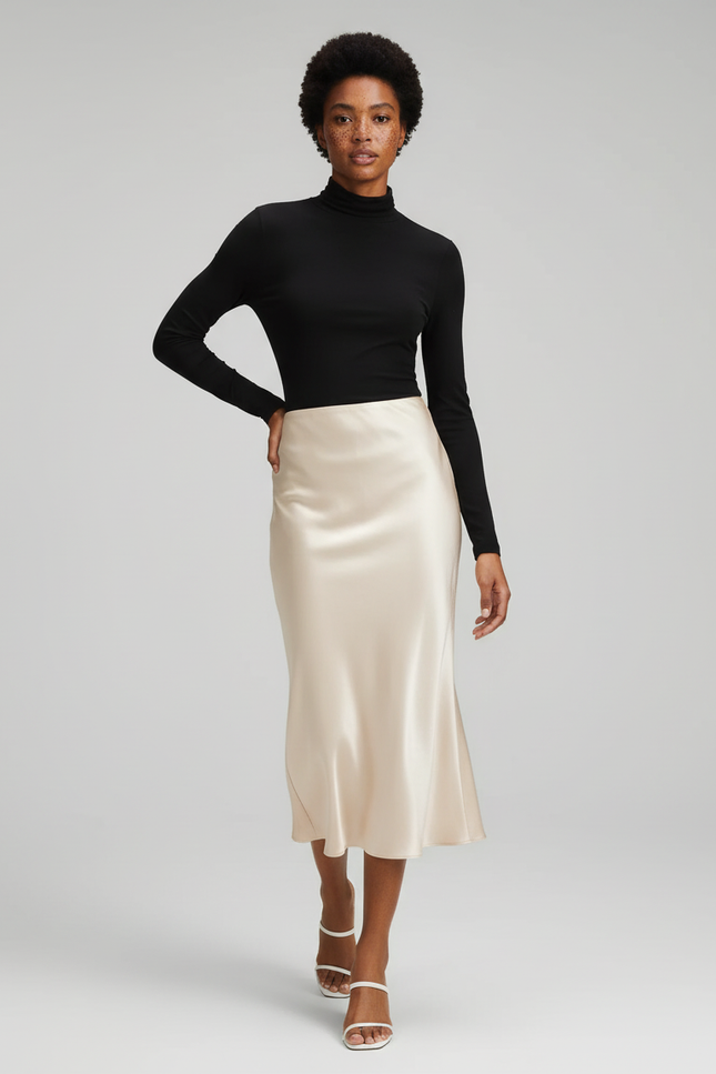 Jupe Satin Beige Midi Élégante Neutre