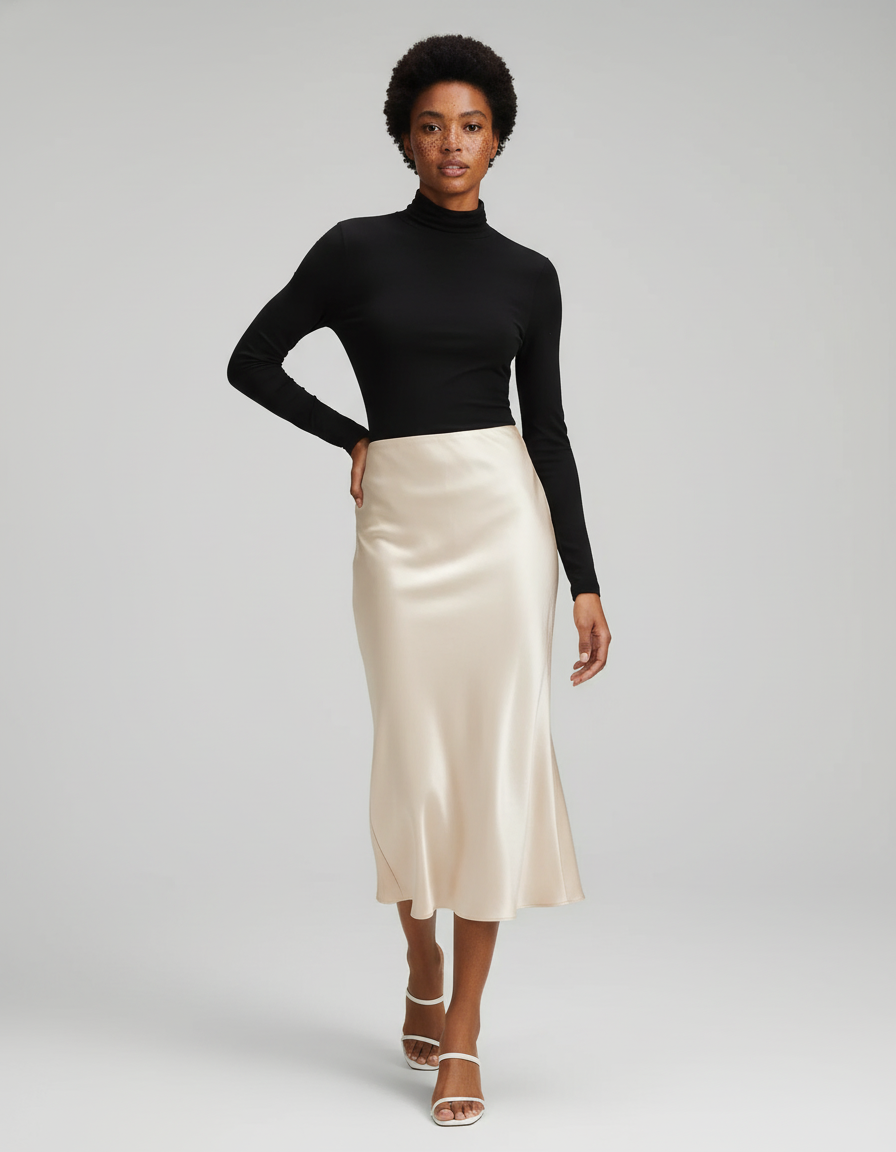 Jupe Satin Beige Midi Élégante Neutre