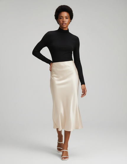 Jupe Satin Beige Midi Élégante Neutre