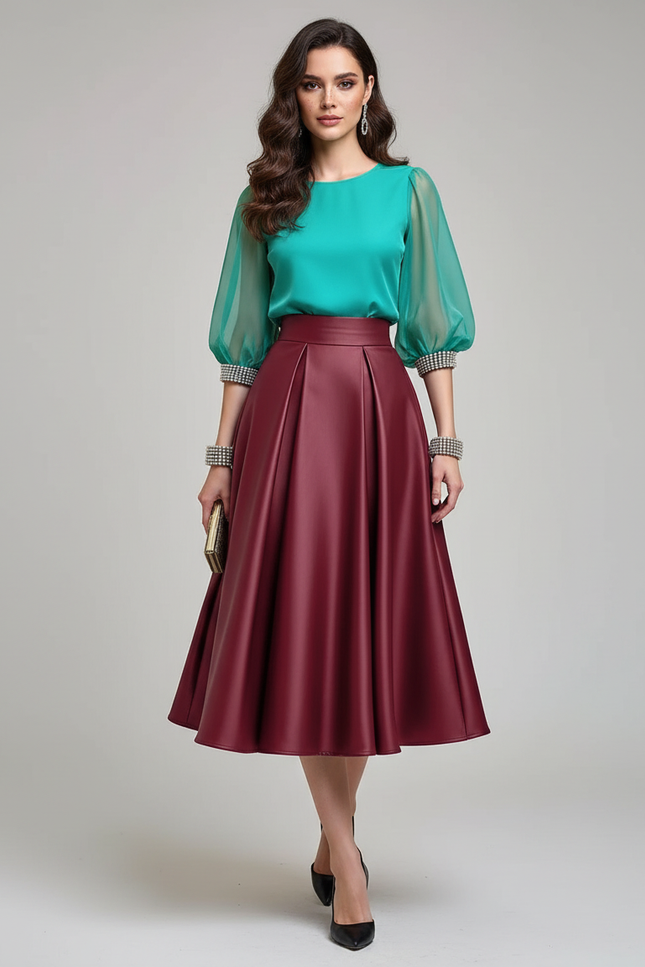 Jupe Satin Bordeaux Plissée Élégante