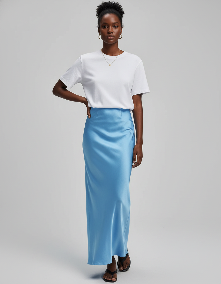 Jupe Satin Bleue Ciel Fluide Élégante